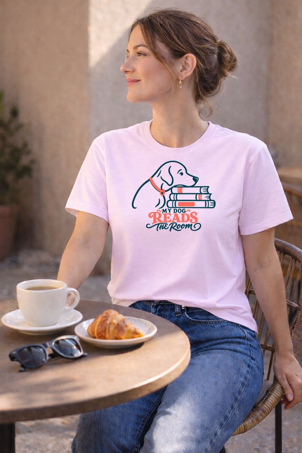 20261012232640 1f1c6946 0882 6508 baf9 464ff8527c6f.jpg My Dog Reads the Room T-Shirt — Light Pink model