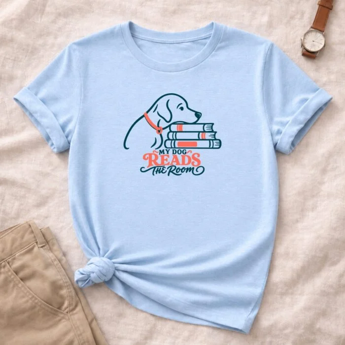 My Dog Reads the Room T-Shirt — Light Blue flat