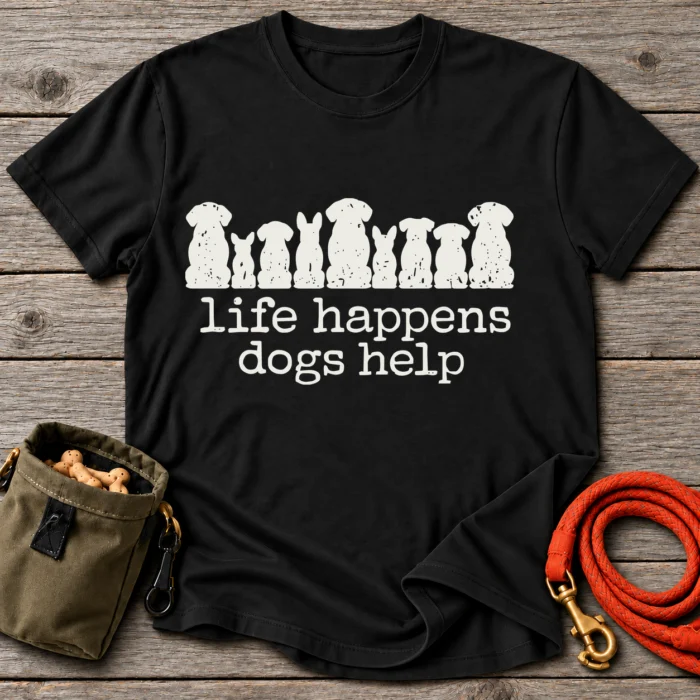 Life Happens Dogs Help T-Shirt — Black Grey Oak flat