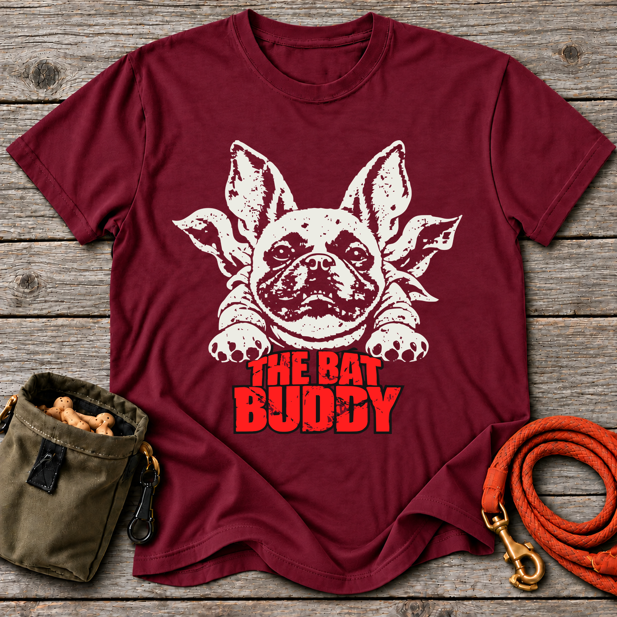 20261028041245 1f1d285d 413e 6988 9d37 a282de4dd58a.png The Bat Buddy T-Shirt — Maroon Grey Oak flat