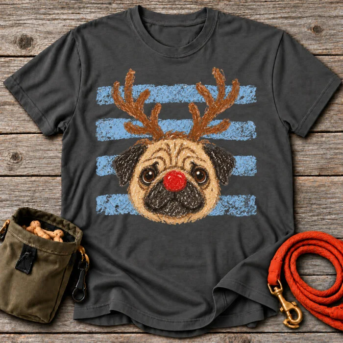 Pug Reindeer T-Shirt Pug Reindeer — Charcoal Grey Oak flat