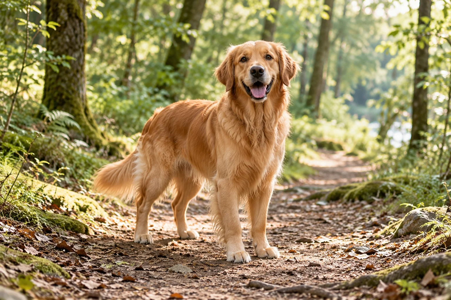Golden retriever enjoying a woodland trail